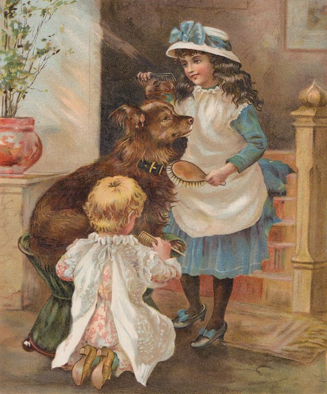 Piger, der plejer deres hund (chromolitho) af English School