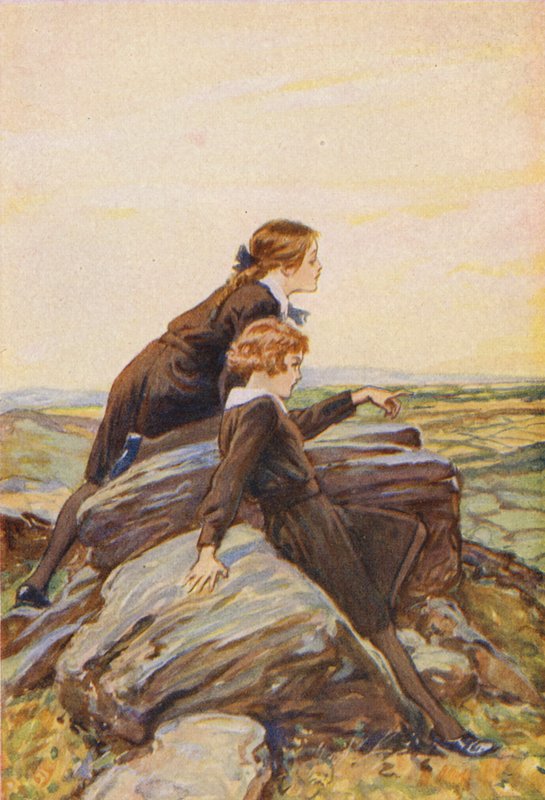 Piger på en klippefyldt bakketop (farvelitografi) af English School