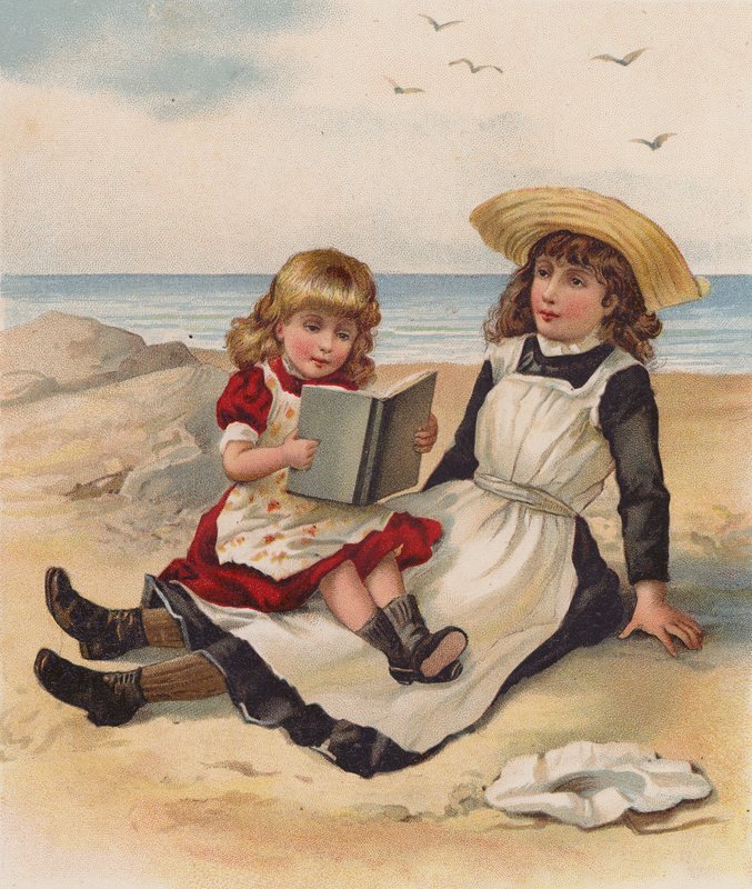 Piger, der læser på en strand (chromolitho) af English School