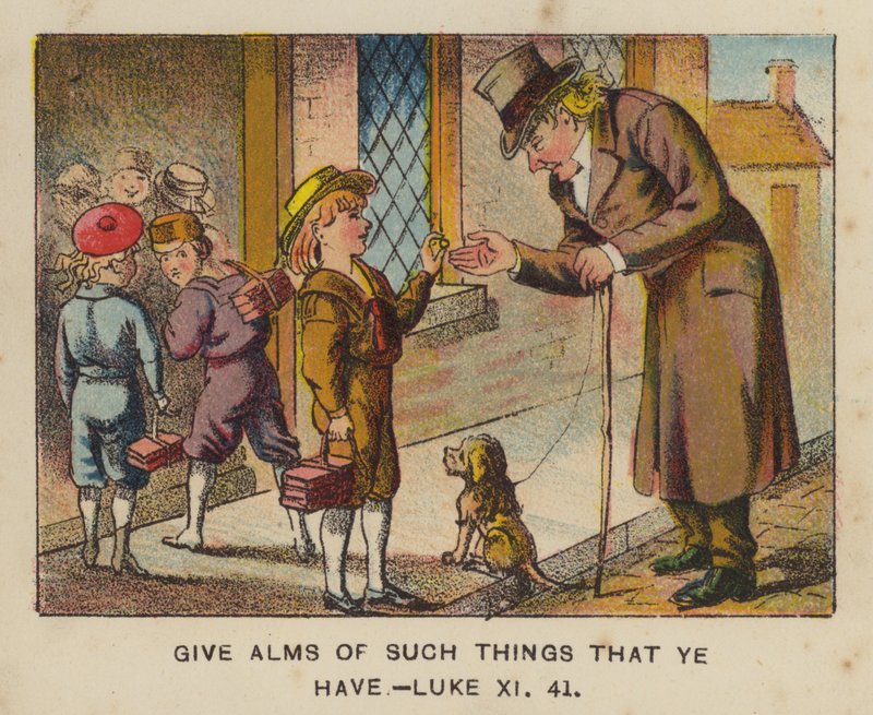 Giv almisse af sådanne ting, som du har, Lukas XI 41 (farve litho) af English School
