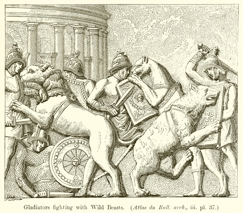 Gladiatorer, der kæmper med vilde dyr. (Atlas du Bull. arch., iii. pl. 37) af English School