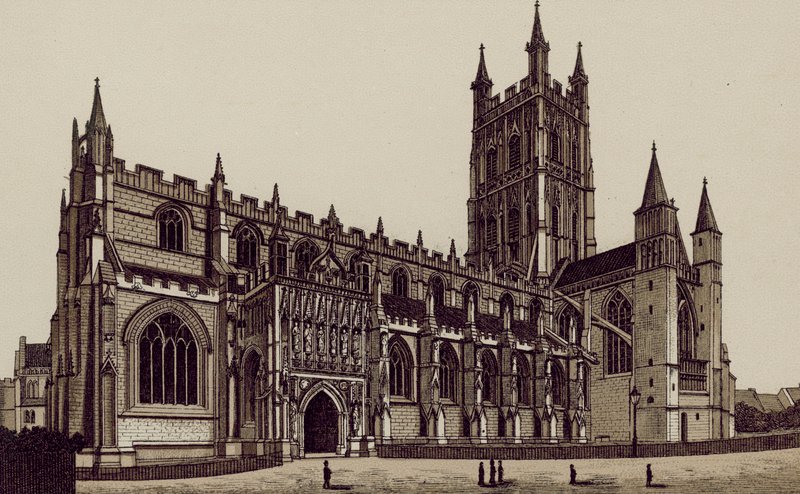 Gloucester Cathedral, set fra sydvest (litografi) af English School