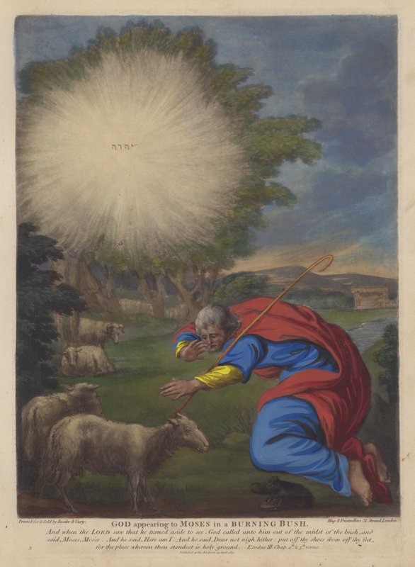 Gud viser sig for Moses i en brændende busk (farve litho) af English School