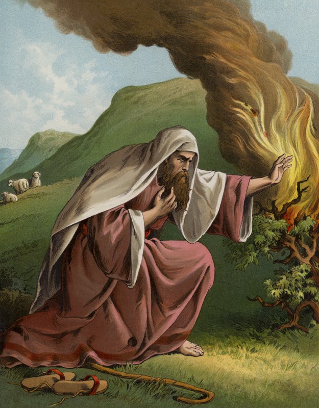 Gud viser sig for Moses i den brændende busk (chromolitho) af English School