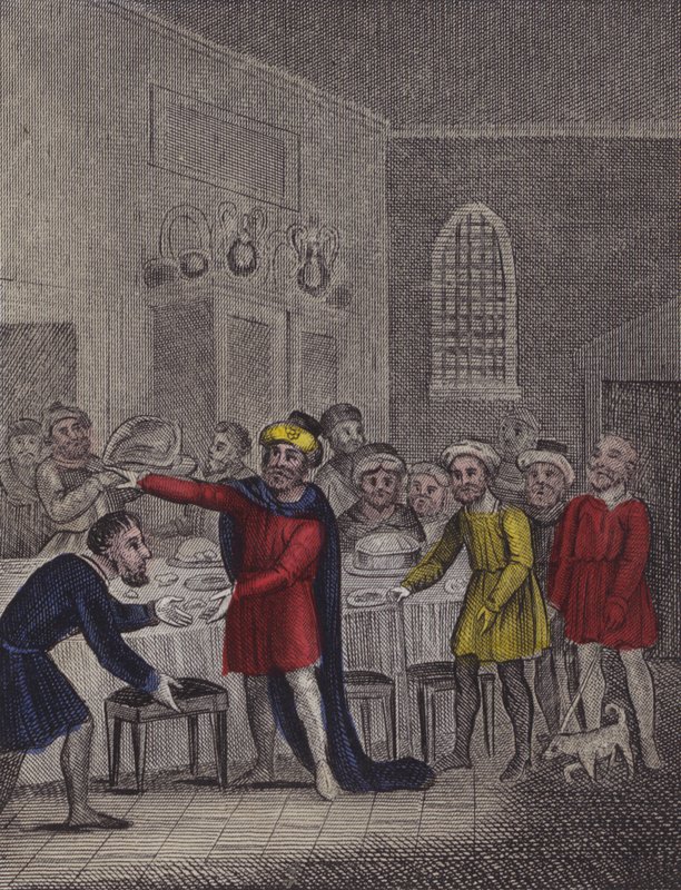 Gud laver et festmåltid og byder sine skabninger komme ... (farvet indgravering) af English School