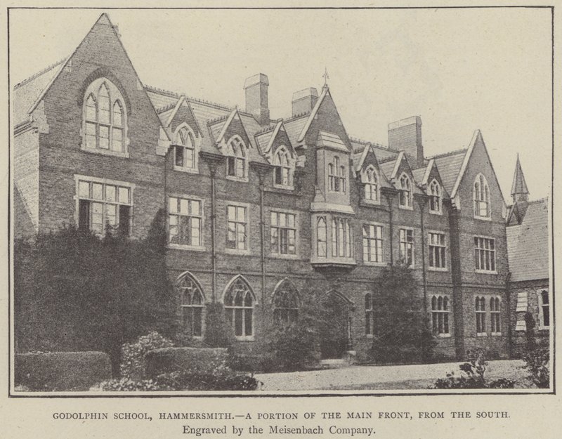 Godolphin School, Hammersmith, en del af hovedfacaden, fra syd (stik) af English School