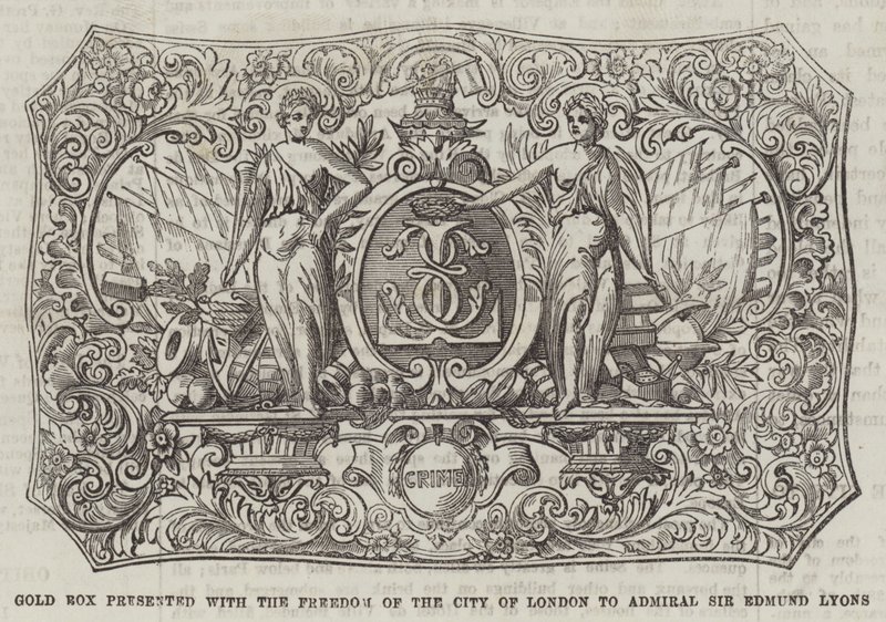 Guldæske præsenteret med Freedom of the City of London til admiral Sir Edmund Lyons (gravering) af English School