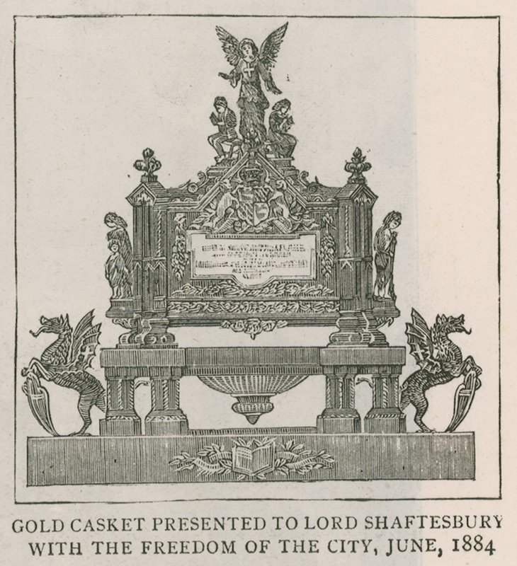 Guldkiste overrakt til Lord Shaftesbury med byens frihed, juni 1884 af English School