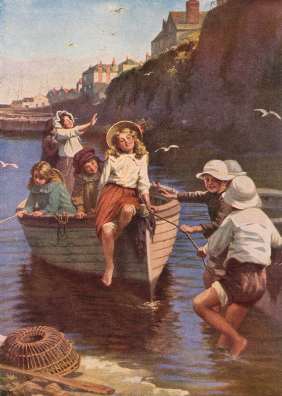 Gyldne timer ved havet (farvelitografi) af English School