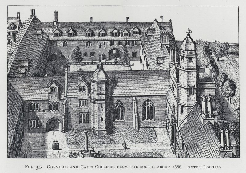 Gonville og Caius College, fra syd, omkring 1688, efter Loggan (gravering) af English School
