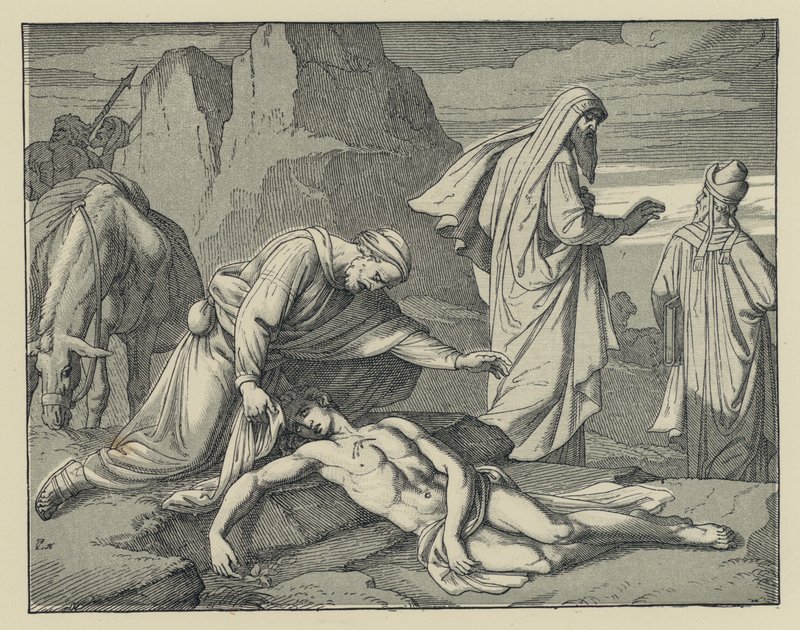 barmhjertig samaritaner (gravering) af English School