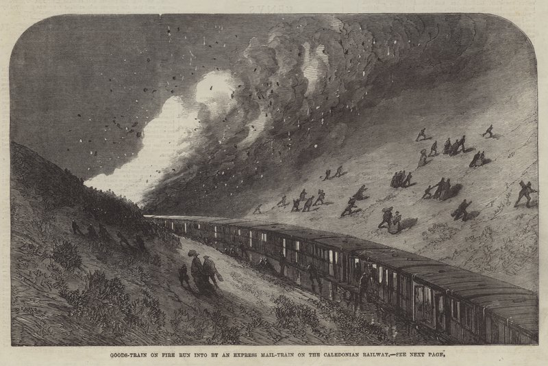 Godstog i brand kørt ind af et ekspresposttog på Caledonian Railway (gravering) af English School