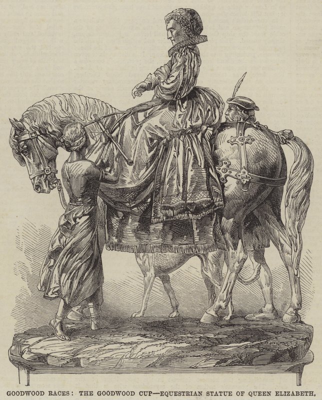 Goodwood Races, Goodwood Cup, ridestatue af dronning Elizabeth (gravering) af English School