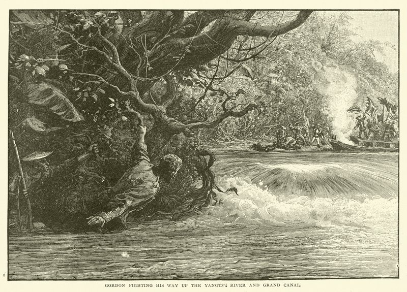 Gordon kæmper sig op ad Yangtze-floden og Canal Grande (gravering) af English School
