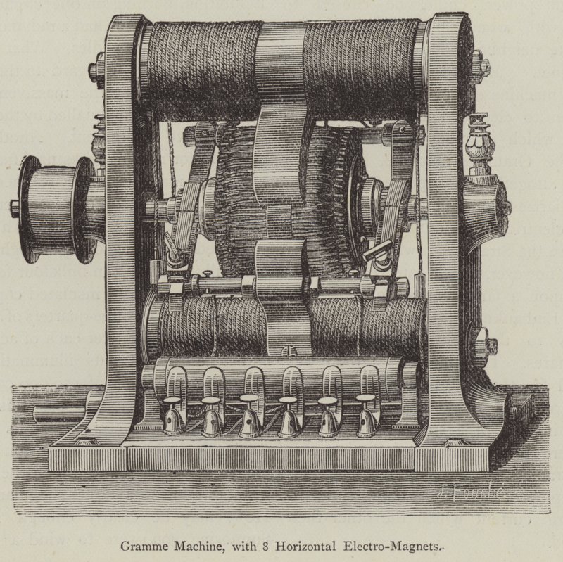 Gramme-maskine, med 8 vandrette elektromagneter (gravering) af English School