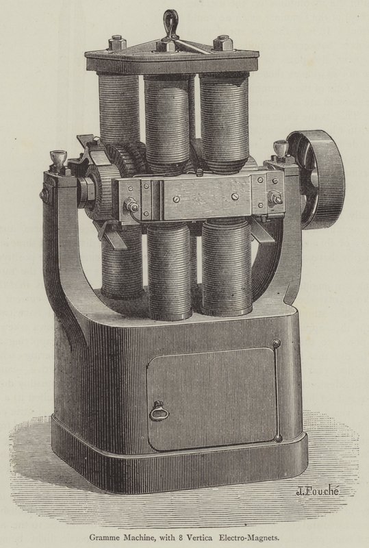 Gramme-maskine, med 8 vertikale elektromagneter (gravering) af English School