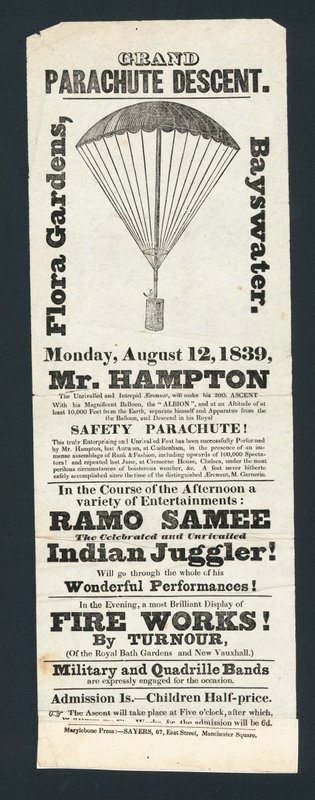 Grand Parachute Descent, Flora Gardens, Bayswater, 12. august 1839 af English School