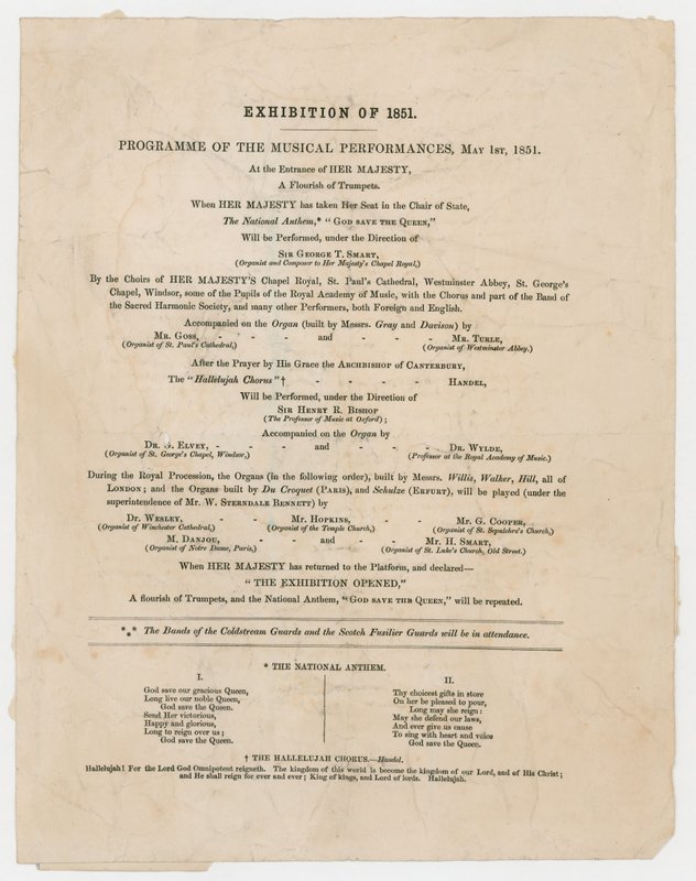 Store Udstilling af 1851. Program for Musikforestillinger, 1. Maj 1851 af English School