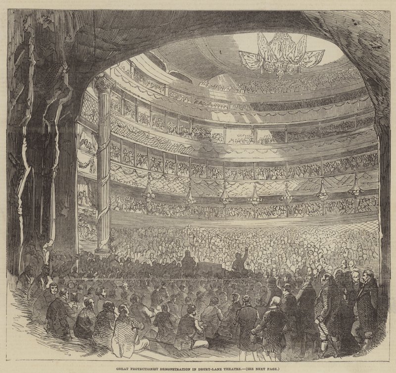 Stor protektionistisk demonstration i Drury-Lane Theatre (gravering) af English School