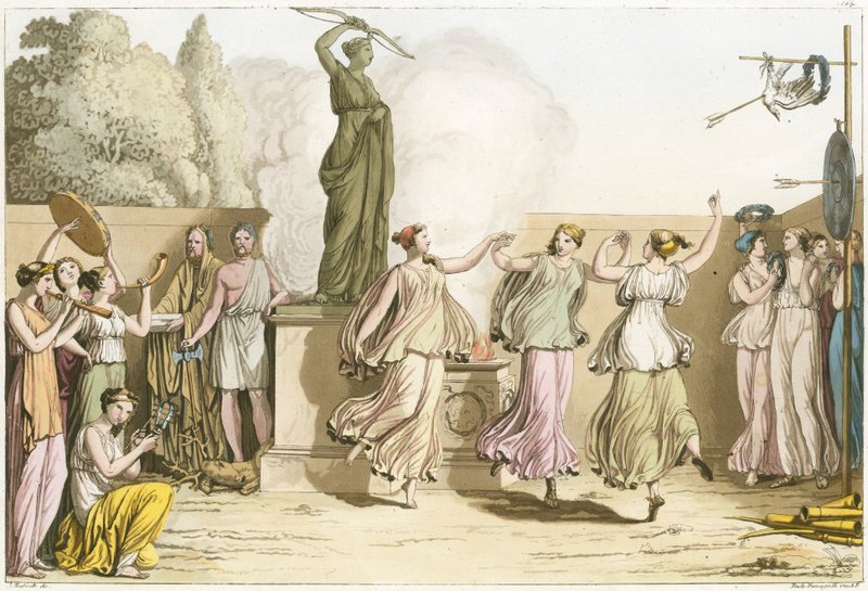 Græske kvinder danser omkring statue af Diana af English School