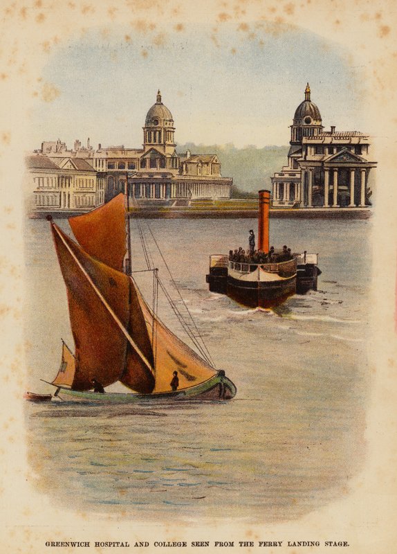 Greenwich Hospital og college set fra færgens anløbsbro (farvelitografi) af English School