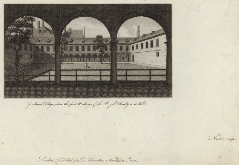 Gresham College, hvor de første møder i Royal Society blev afholdt af English School
