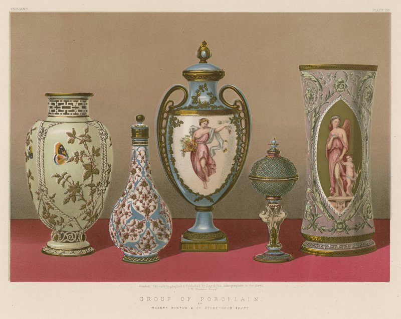 Gruppe af porcelæn af Mrs Minton and Co, Stoke-upon-Trent af English School