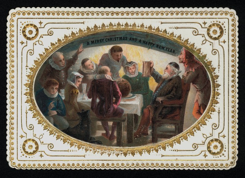Gruppe af mænd og kvinder fra det 16. århundrede skåler i juletiden, julehilsenskort (chromolitho) af English School