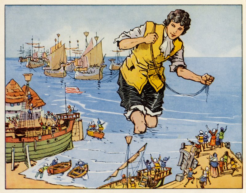Gullivers rejser: Han erobrer flåden ved Blefuscu (farvelitografi) af English School