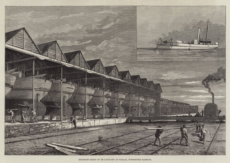 Gun-Boats klar til at blive søsat ved Haslar, Portsmouth Harbour (gravering) af English School