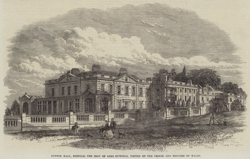 Gunton Hall, Norfolk, Lord Suffields sæde, besøgt af prinsen og prinsessen af Wales (gravering) af English School