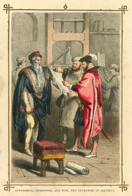Gutenberg, Schoeffer og Fust, opfinderne af trykning (farve litho) af English School