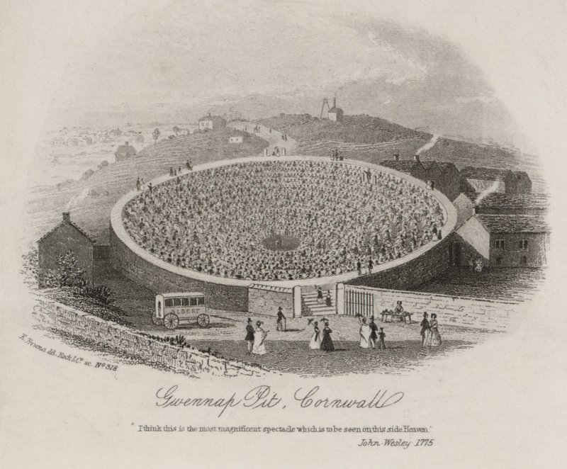 Gwennap Pit, Cornwall, hvor John Wesley prædikede ved adskillige lejligheder mellem 1762 og 1789 (gravering) af English School