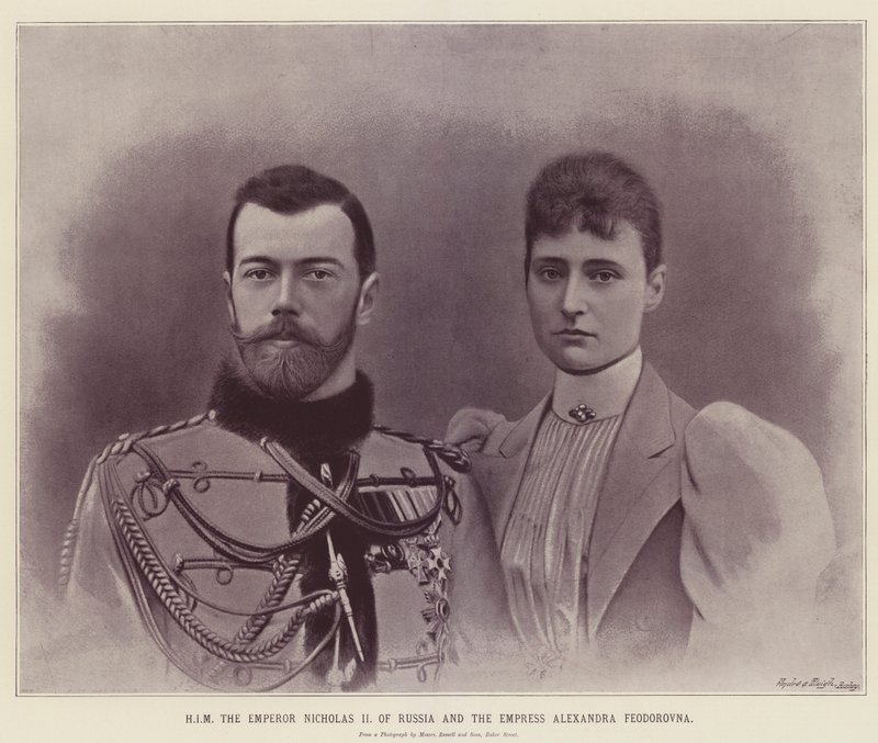 HIM kejser Nikolaj II af Rusland og kejserinde Alexandra Feodorovna (farvelitografi) af English School