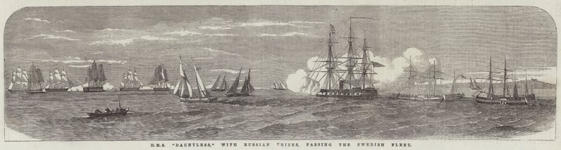 HMS "Dauntless," med russiske priser, passerer den svenske flåde (gravering) af English School