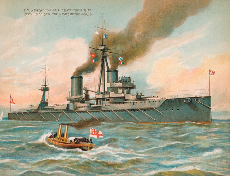 HMS Dreadnought, britisk slagskib, der revolutionerede flådemagten (chromolitho) af English School