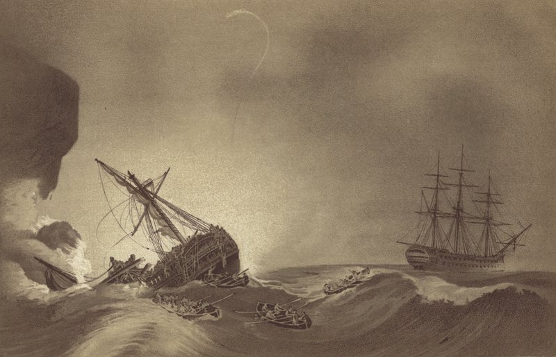 HMS Impetueux, kommanderet af kaptajn Thomas Byam Martin, reddede besætningen på HMS Venerable, under kommando af kaptajn J Hunter, vraget i Torbay, Devon, 24. november 1804 (litho) af English School