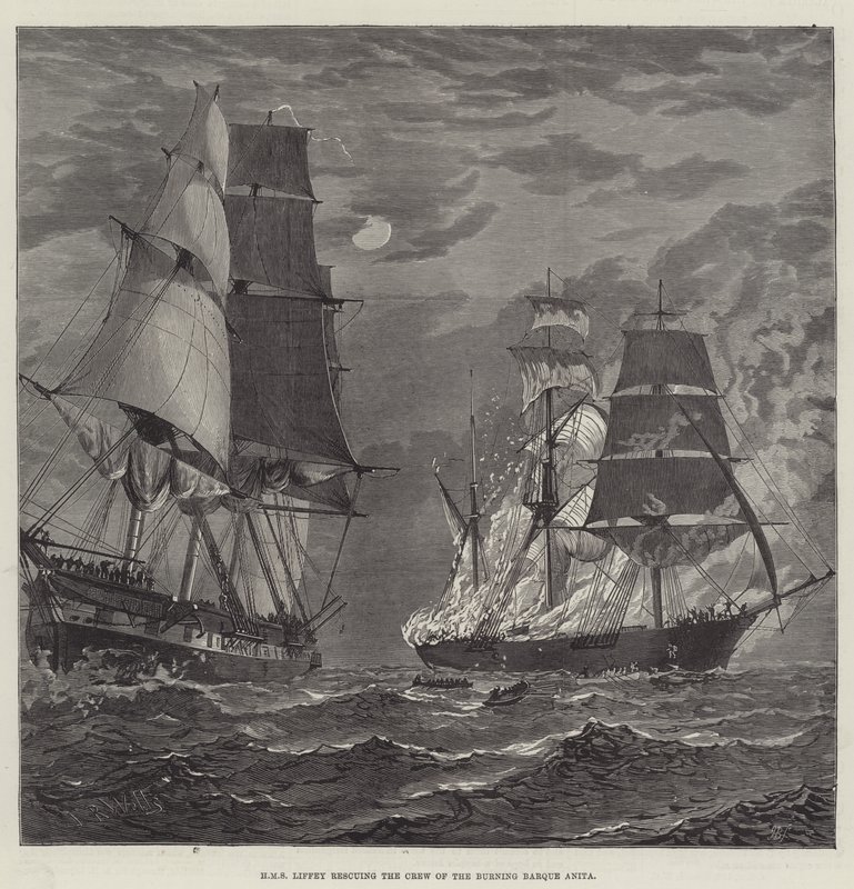HMS Liffey redder besætningen på den brændende bark Anita (gravering) af English School