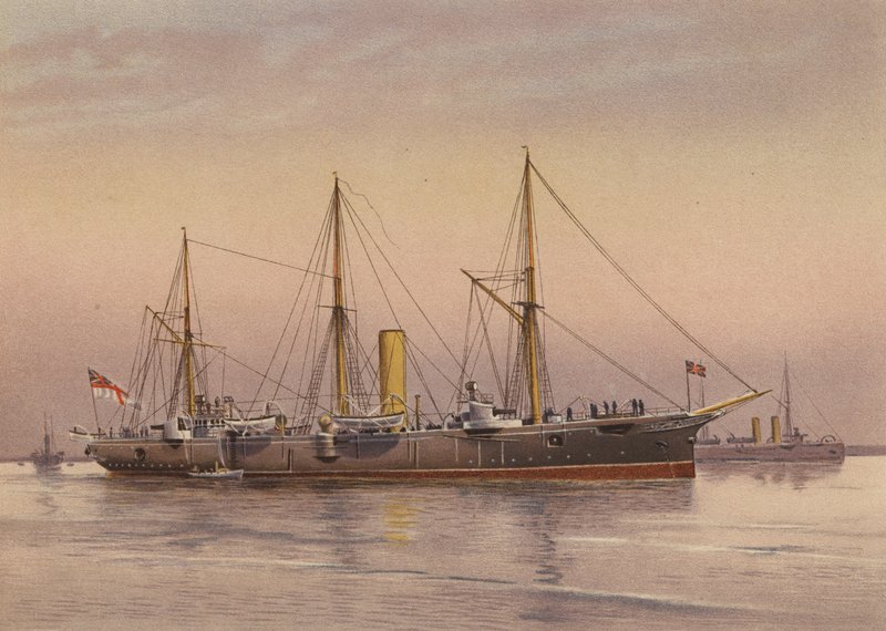 HMS Mohawk, krydser af 3. klasse (farvelitografi) af English School