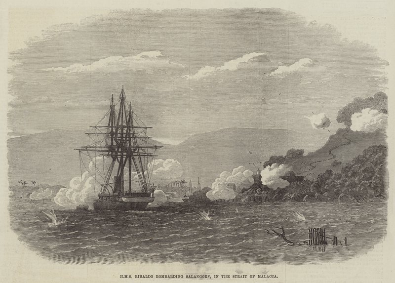 HMS Rinaldo bombarderer Salangore, i Malacca-strædet (gravering) af English School
