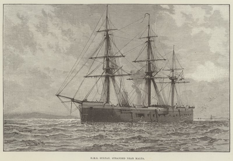 HMS Sultan, strandet nær Malta (gravering) af English School