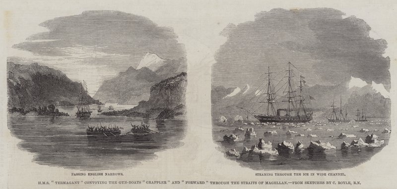 HMS "Termagant" konvojerer Gun-Boats "Grappler" og "Forward" gennem Magellan-strædet (gravering) af English School