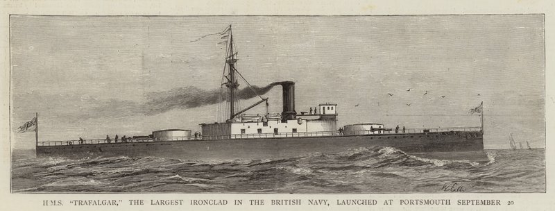 HMS "Trafalgar", den største jernbeklædte i den britiske flåde, opsendt i Portsmouth 20. september (gravering) af English School