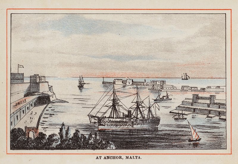 HM indisk troppeskib: For anker, Malta (koloreret stik) af English School