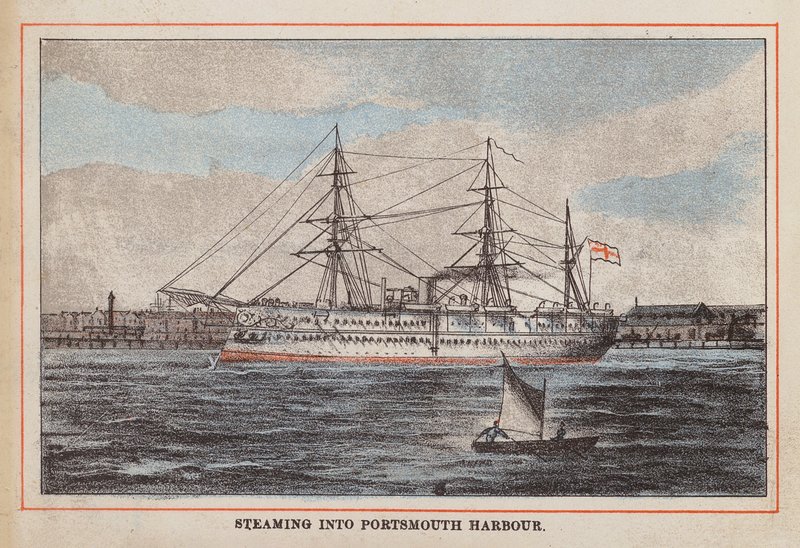 HM Indian Troop-Ship: Dampende ind i Portsmouth havn (farvelagt kobberstik) af English School