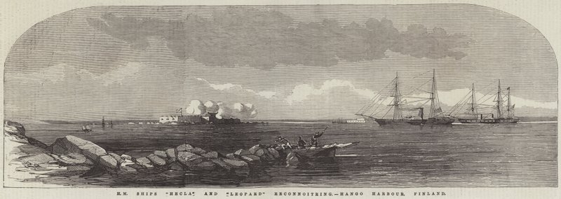 HM-skibe "Hecla" og "Leopard" rekognoscerer, Hango Havn, Finland (gravering) af English School