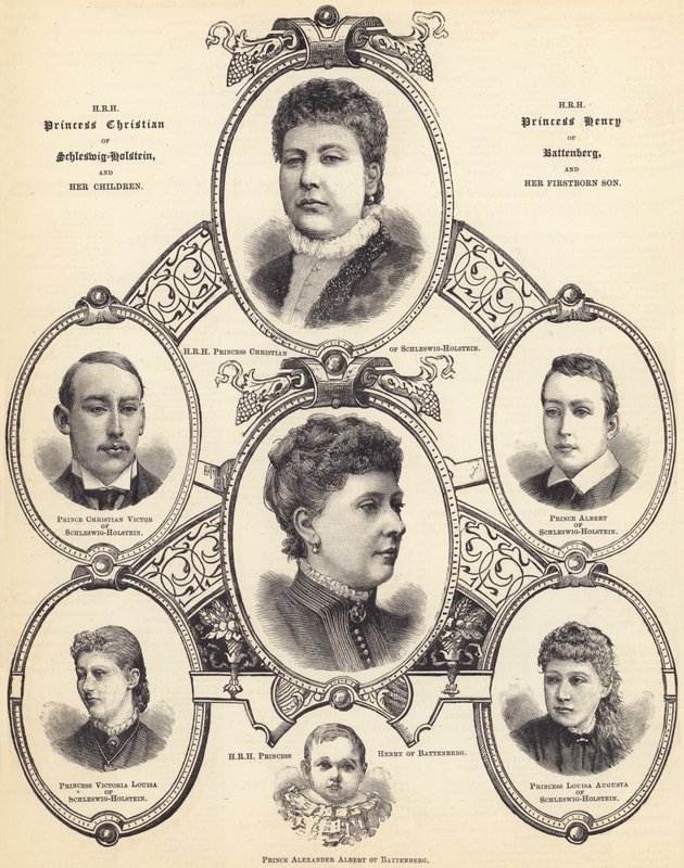 HKH Prinsesse Christian af Slesvig-Holsten og HKH Prinsesse Henrik af Battenberg og deres børn (gravering) af English School