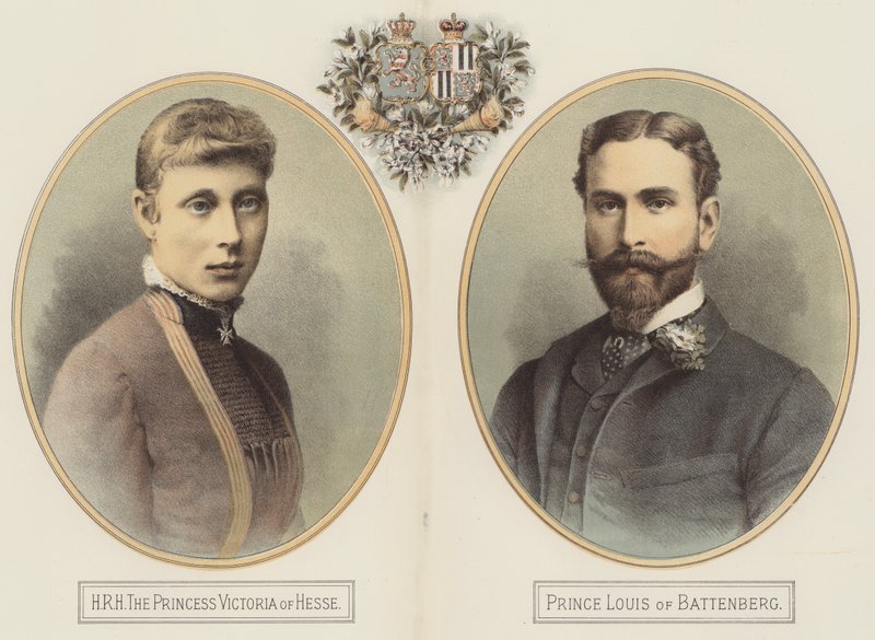 HKH Prinsesse Victoria af Hessen og Prins Louis af Battenberg (farve litho) af English School