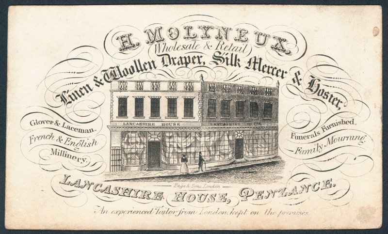 H Molyneux, linned og ulden draper, silke mercer og strømpebukser, handelskort af English School