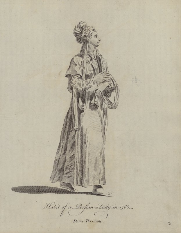 En persisk dames klædedragt i 1568 (kobberstik) af English School